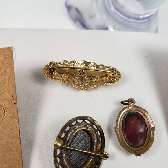 Vintage Victorian Lady Cameo Lot Bracelet Earrings Pendant Brooch Pin Gold Tone - Picture 14 of 15